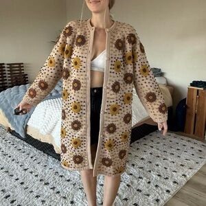 Floral Knit Cardigan - Brown and Yellow